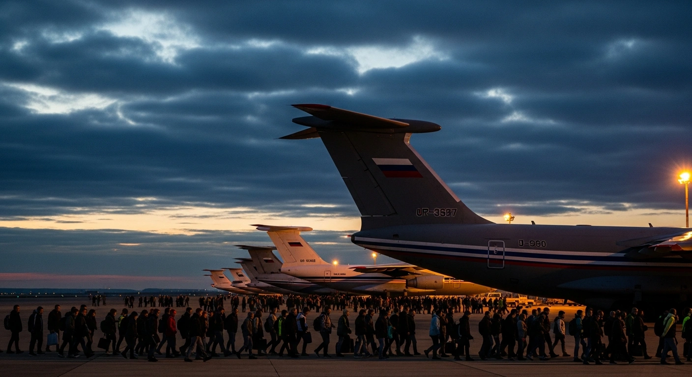 A wide, low-angle shot shows thousands of people, including Russian citizens, urgently boarding a fleet of Russian commercial and military transport planes on an airport tarmac at pre-dawn, amidst a regional conflict and widespread airspace closures in the Middle East, including the UAE, Oman, and Iran.