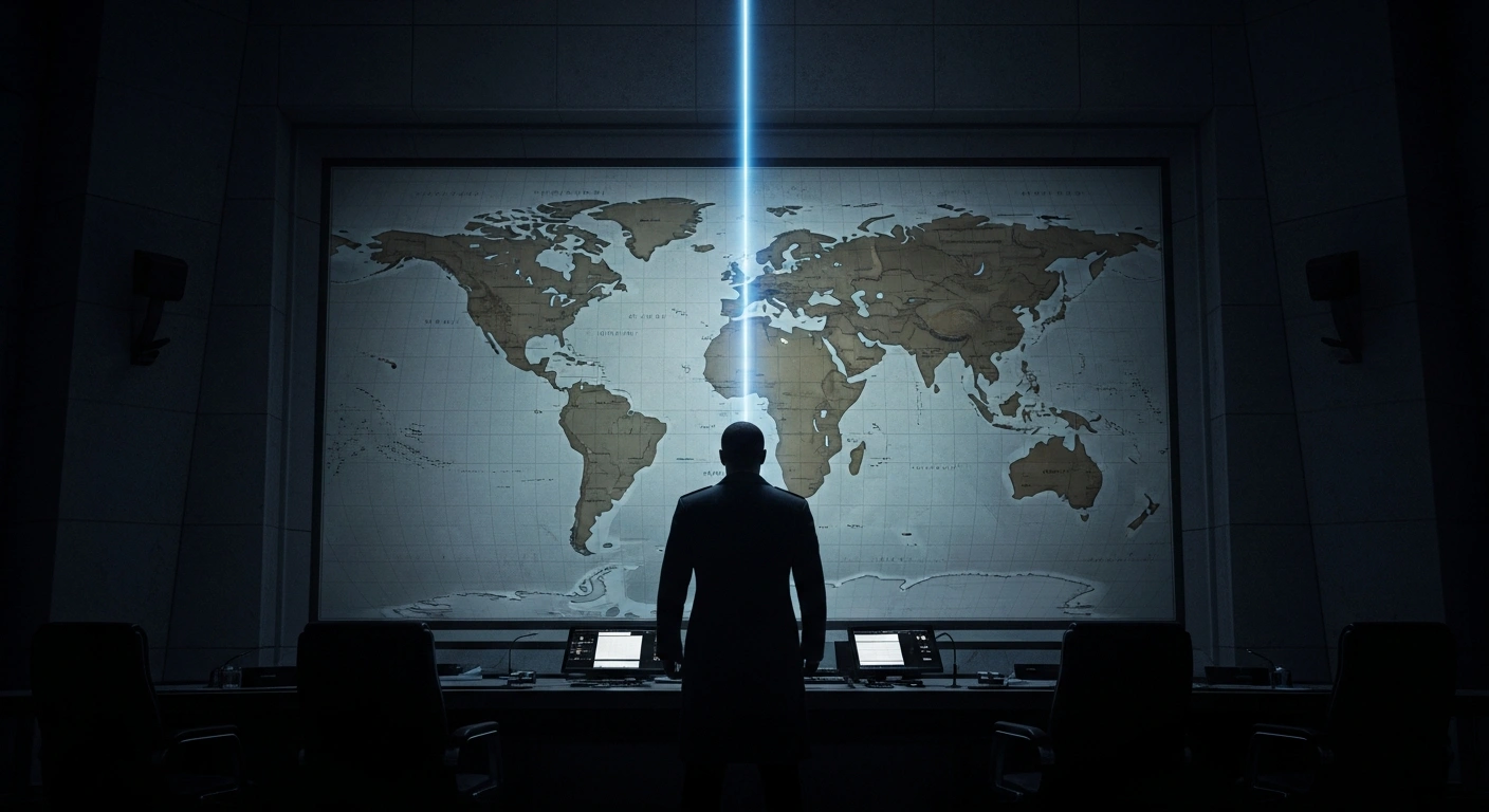 A silhouette of a leader stands before a large world map, representing the expansion of Russian presidential authority to deploy military forces abroad.