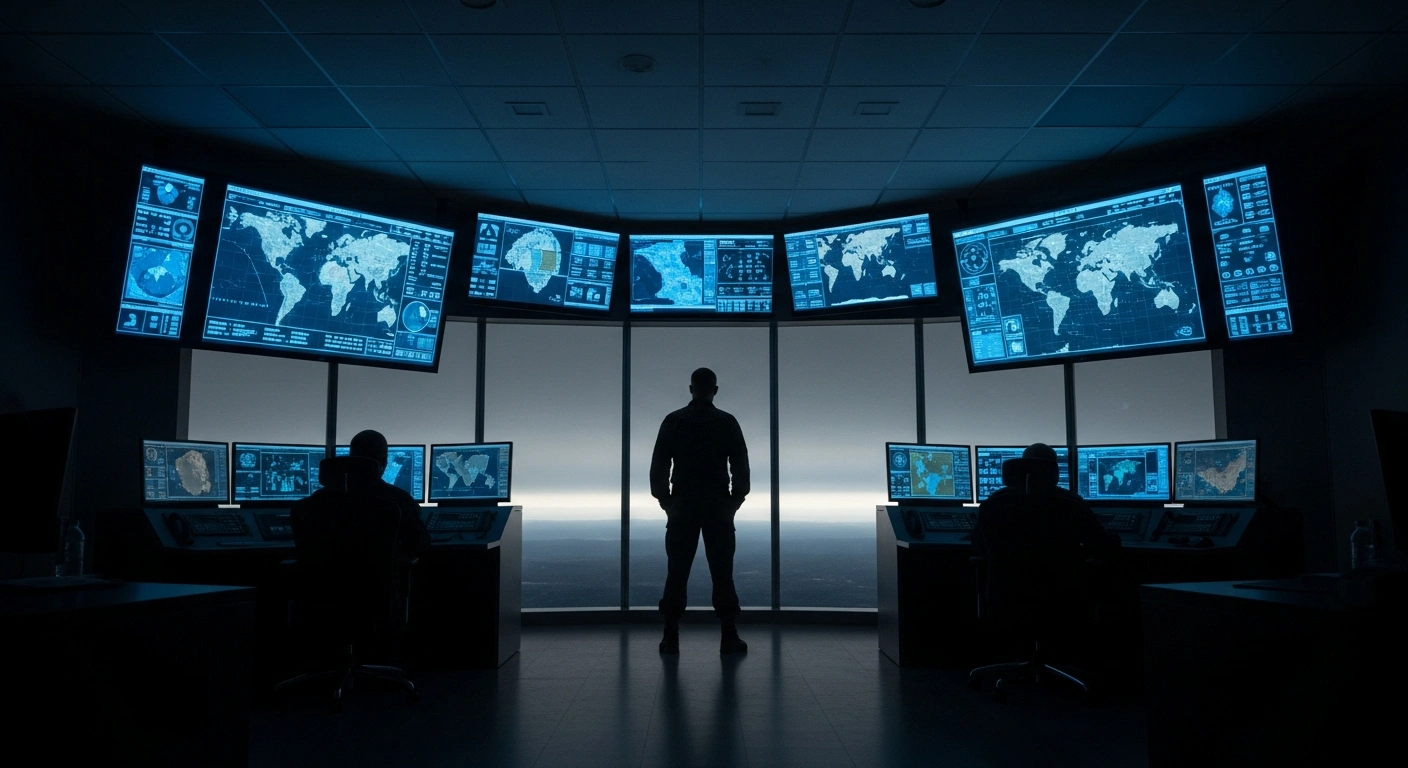 A silhouette of a military official stands in a command center, representing the Russian government's new authority to deploy military force abroad to protect its citizens.
