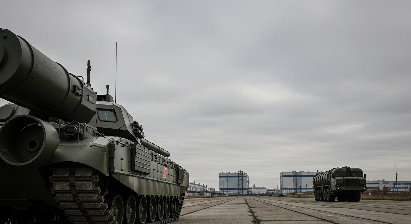 A low-angle, wide shot of a modern Russian military vehicle, such as a T-14 Armata tank, gleaming under harsh industrial light with a vast factory complex in the hazy background, symbolizing Russia's economic resilience driven by military spending but facing future slowdown and fiscal strain.