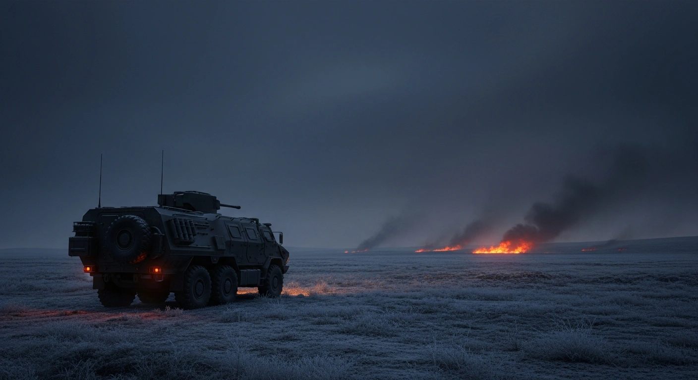 A dark, atmospheric scene shows a military vehicle stationed in a cold landscape as a distant fire burns on the horizon, representing Russia's warning of military escalation.