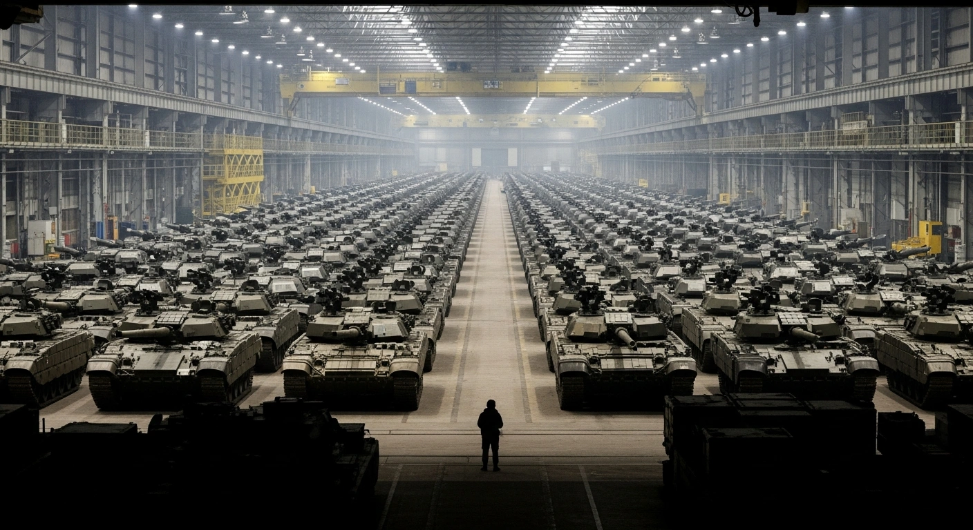 A vast, dimly lit factory floor filled with endless rows of newly manufactured Russian military hardware, symbolizing Russia's significantly increased military expenditures and war costs.