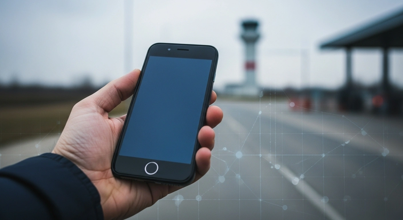 A close-up view of a traveler's hand holding a dark, inactive smartphone at a desolate border crossing, representing the mandatory 24-hour mobile internet and SMS blackout for foreign SIM cards imposed by Russia for national security and anti-drone measures, affecting international travelers and expatriates.