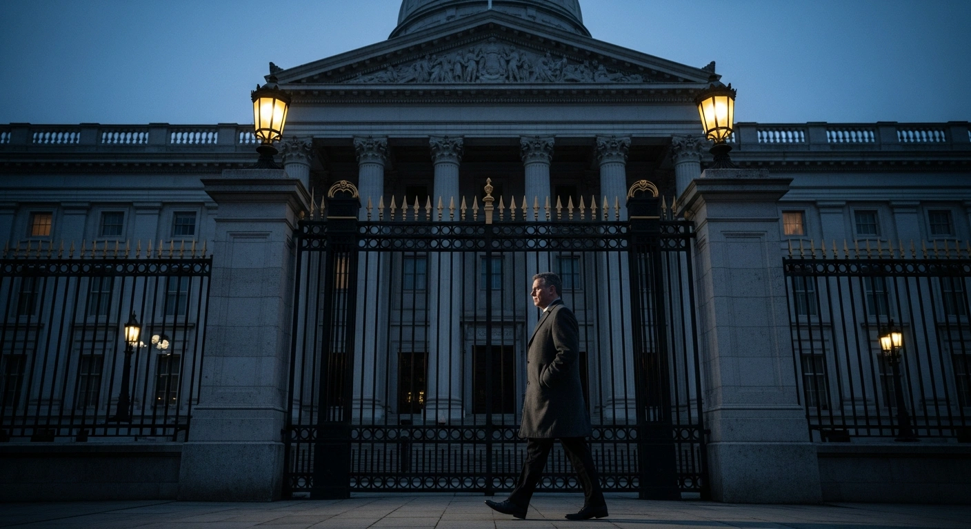 A diplomat walks toward a government building in a scene representing the diplomatic tension between Russia and Moldova following allegations of embassy harassment.