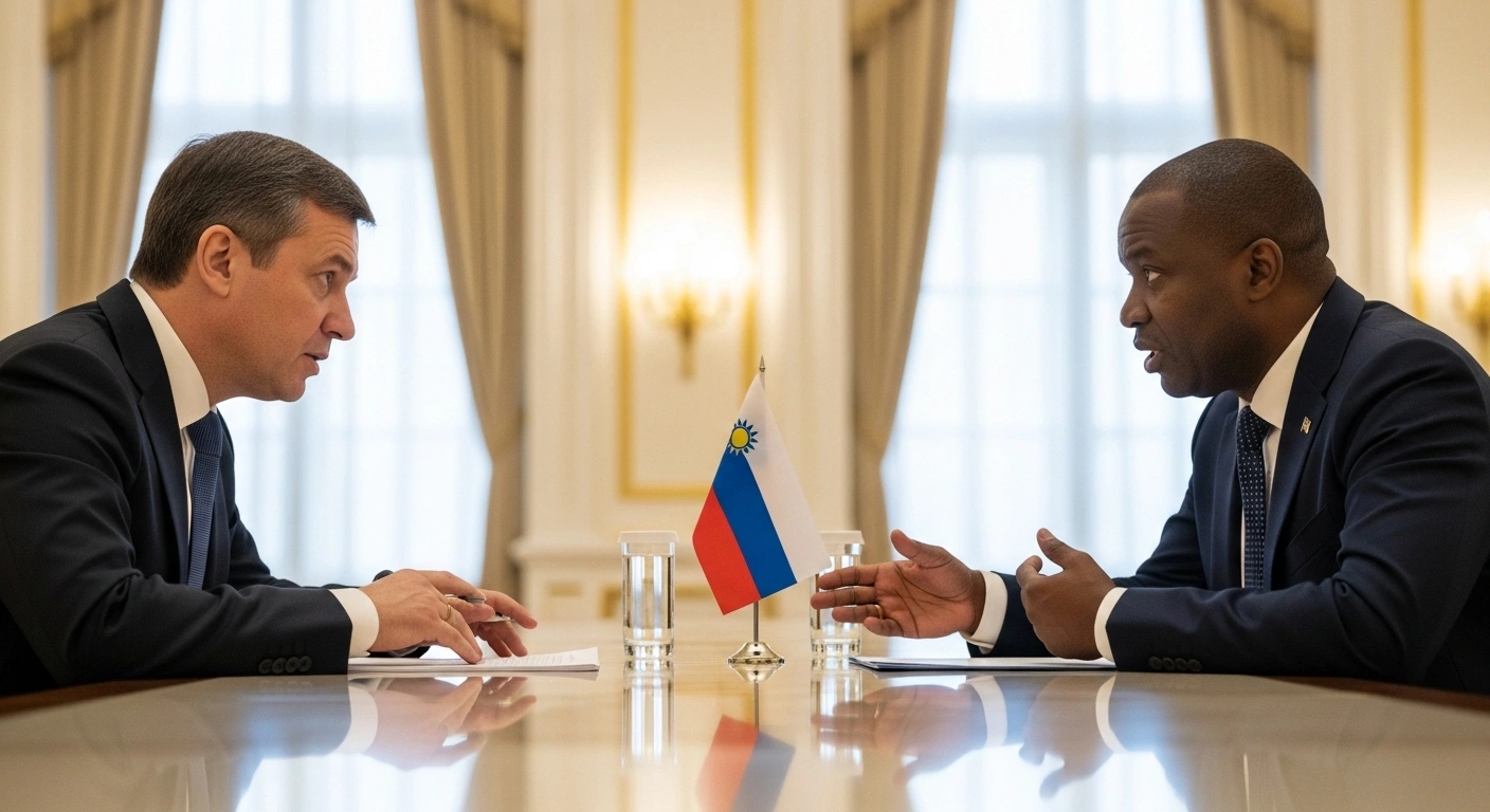 Russian Deputy Prime Minister Yury Trutnev and Namibian Minister Selma Ashipala-Musavyi are depicted meeting in a formal setting in Moscow to discuss advancing trade and economic cooperation, including mineral resources, energy, and agriculture.