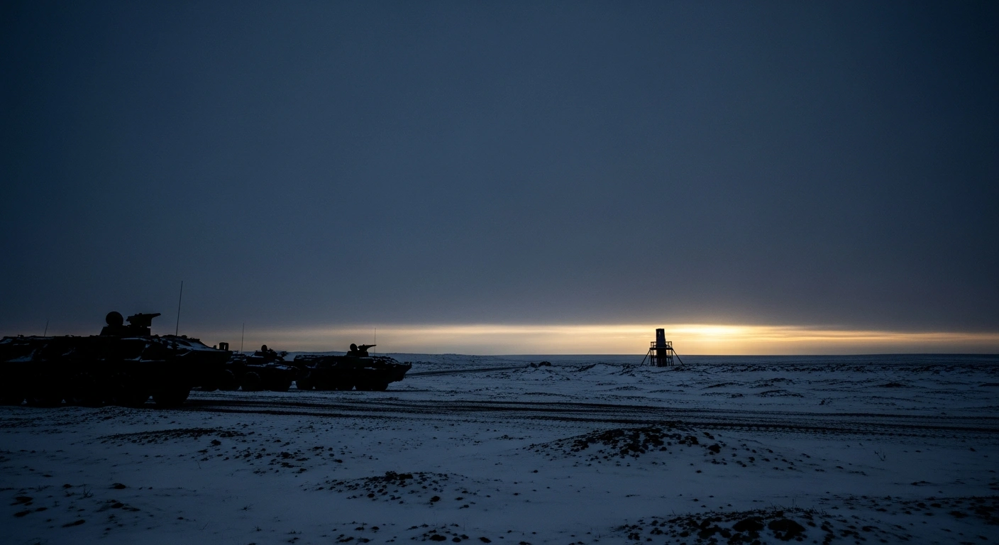 A wide, low-angle shot depicts silhouetted heavy military machinery in a desolate, snow-covered landscape under a bruised twilight sky, symbolizing Russia's military preparations for future conflict, pointing towards a distant, fragile structure representing NATO's limited window to bolster defenses.