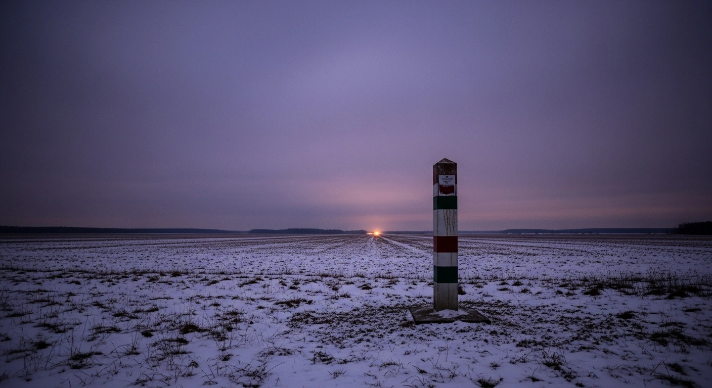 A wide, low-angle shot of a snow-dusted eastern European borderland at twilight, featuring a weathered border marker in the foreground and a faint glow on the distant horizon, symbolizing Russia's potential military buildup along NATO's eastern flank and Europe's rearmament efforts.
