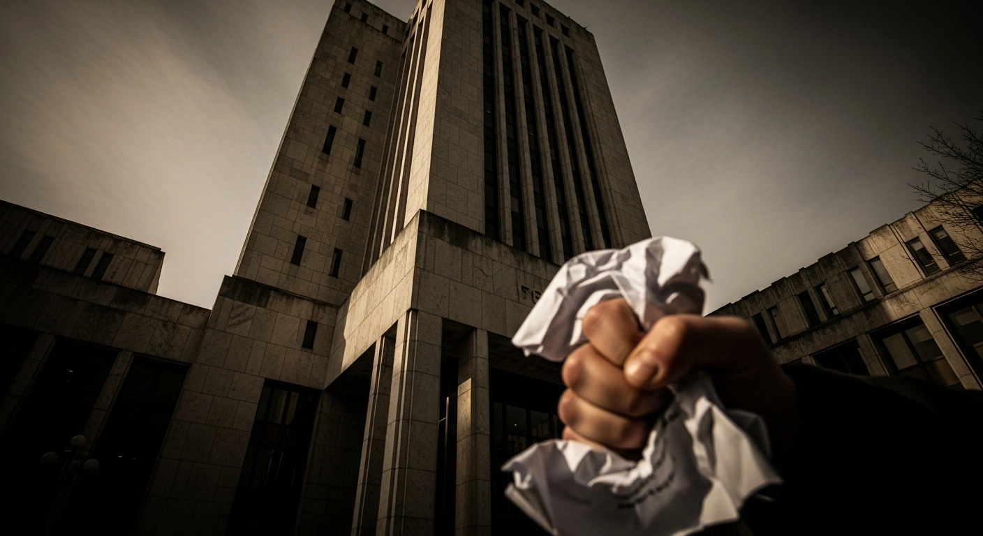 A photorealistic image depicting a brutalist courthouse under a bruised sky, with a weathered hand in the foreground clutching a crumpled document, symbolizing Russia's Supreme Court designating Alexei Navalny's Anti-Corruption Foundation (ACF) as a 'terrorist organization' and the severe implications for its members.