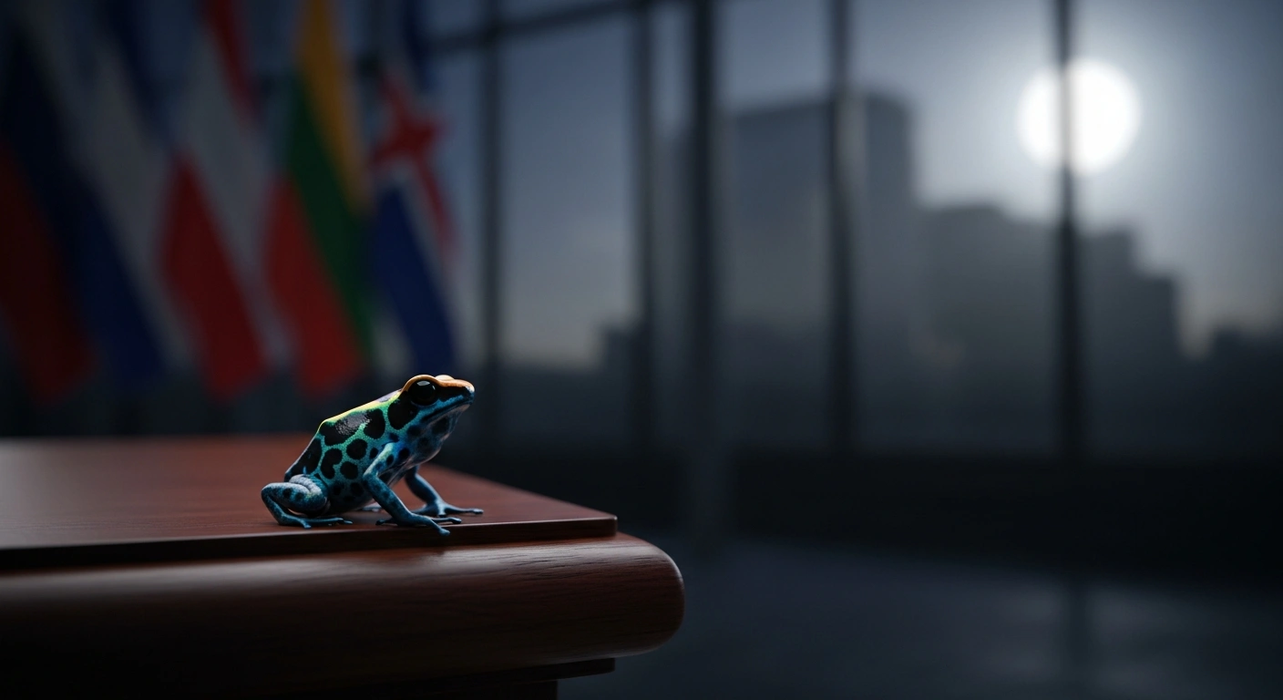 A glowing dart frog, representing the epibatidine toxin, is shown in a close-up on a dark table, with blurred international flags in the background, symbolizing the accusation by five European nations against Russia for Alexei Navalny's poisoning.