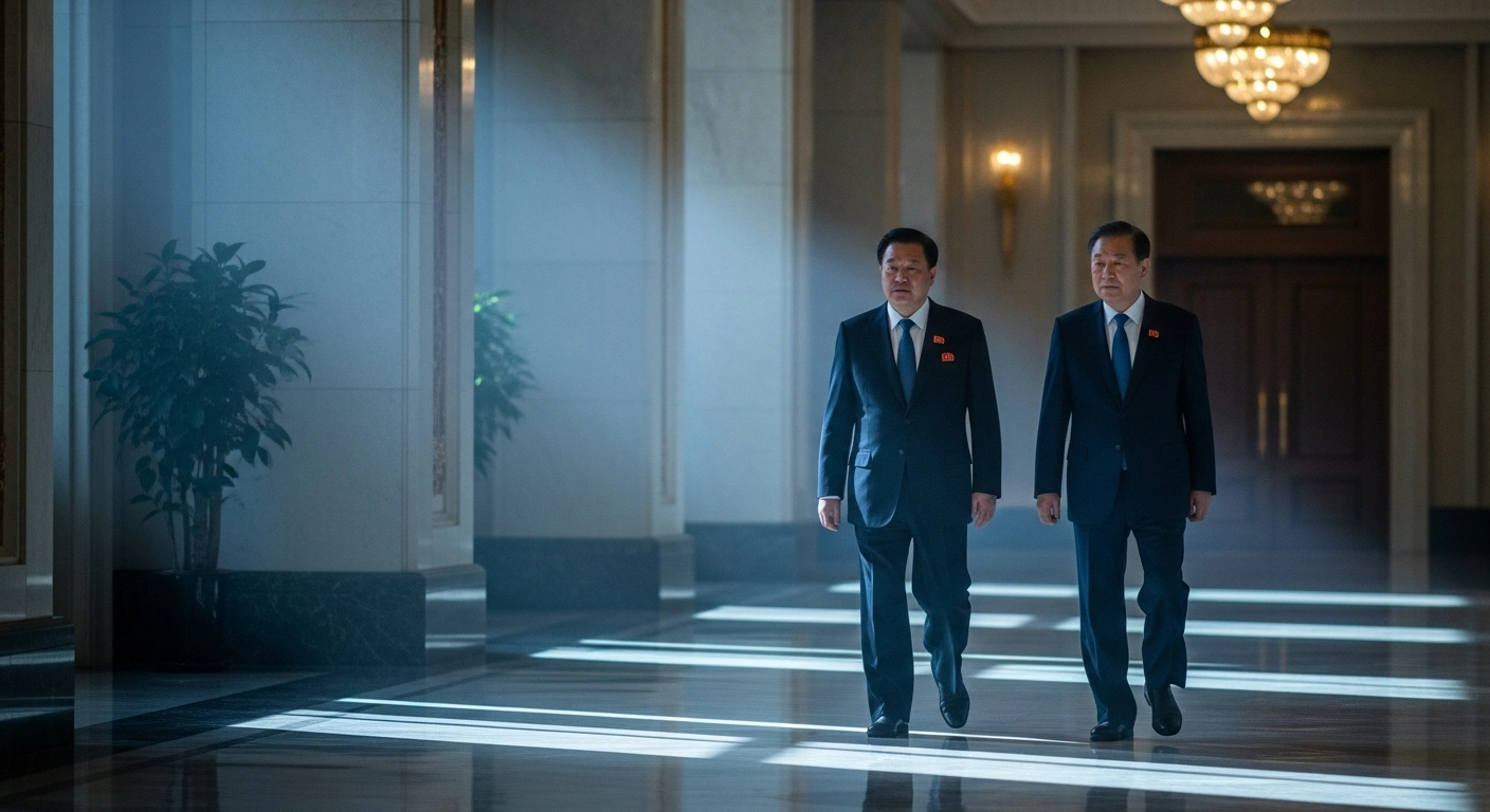 Russian Interior Minister Vladimir Kolokoltsev walks with a North Korean official during a diplomatic visit to Pyongyang to discuss security cooperation.