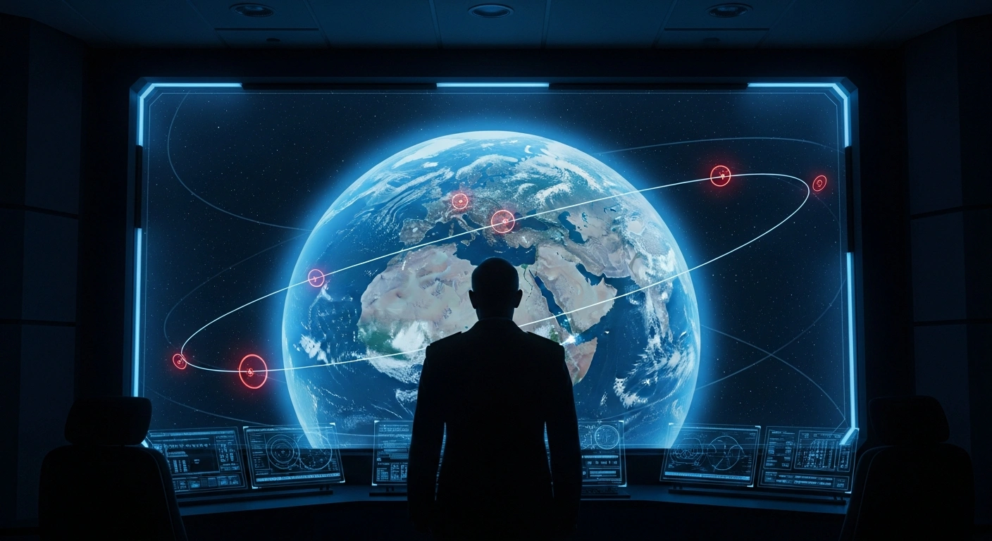A stern-faced Brigadier-General stands in a dimly lit, futuristic command center, silhouetted against a large holographic display showing Earth with ominous red orbital paths, symbolizing the potential deployment of nuclear weapons in orbit and global security concerns.