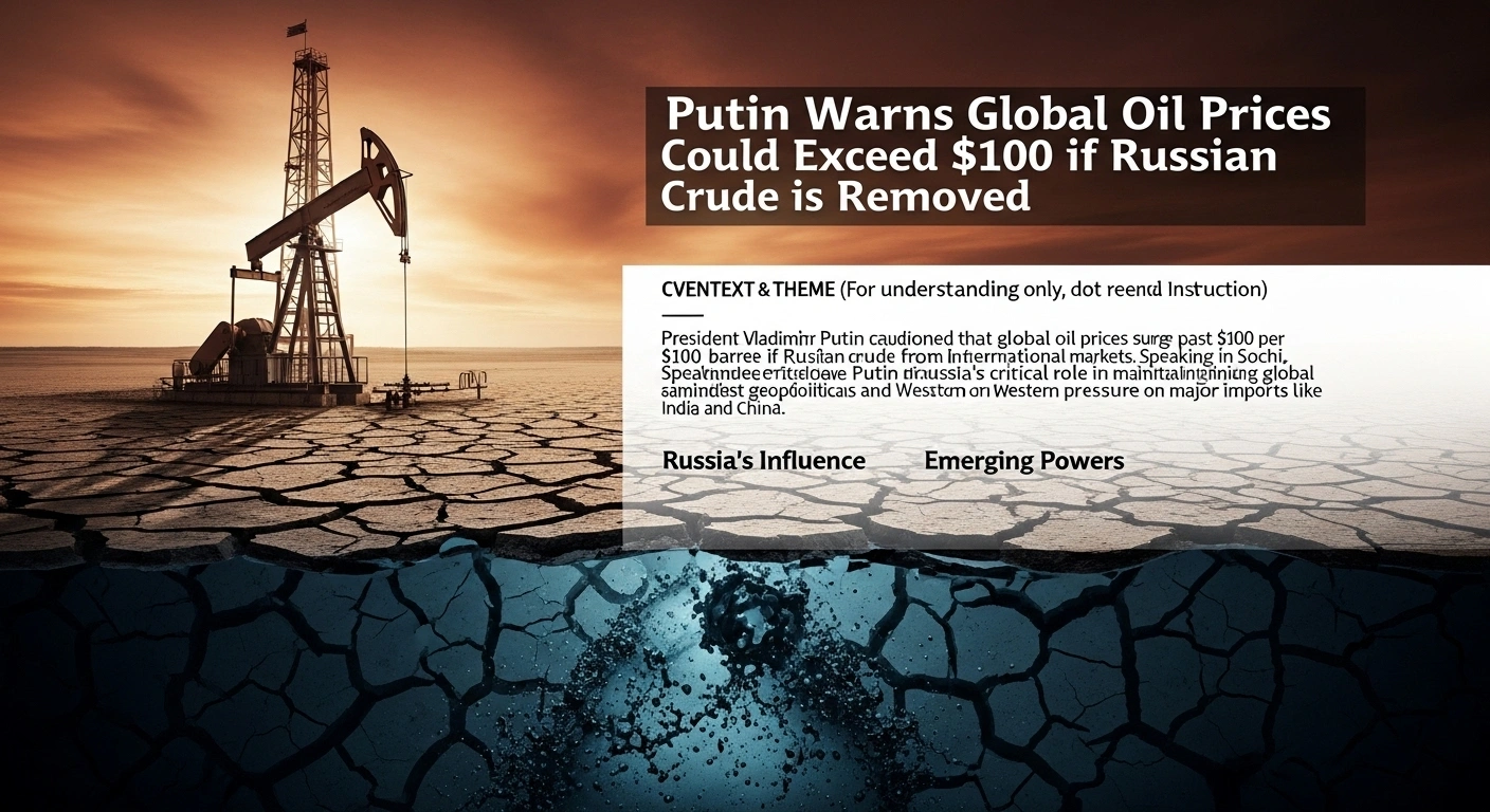 A dramatic wide shot of a towering oil derrick silhouetted against a blood-orange sky, with cracked earth revealing bubbling crude oil, symbolizing President Vladimir Putin's warning about global oil prices surging past $100 per barrel if Russian crude is withdrawn from international markets, impacting global energy stability and major importers like India and China.