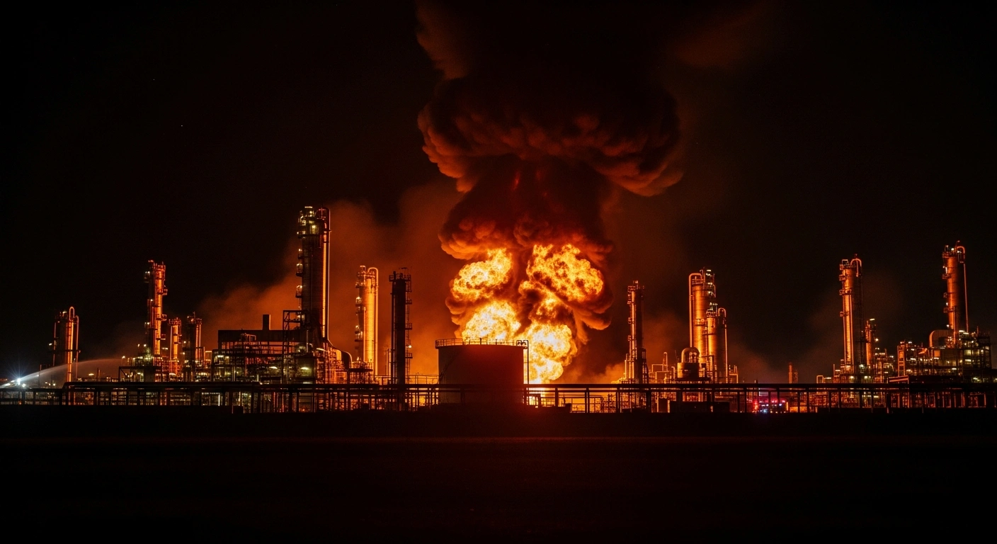 A large fire burns intensely at night at the Albashneft oil refinery in Novominskaya, Krasnodar Krai, Russia, with flames engulfing a storage tank and casting an orange glow, following a drone attack.