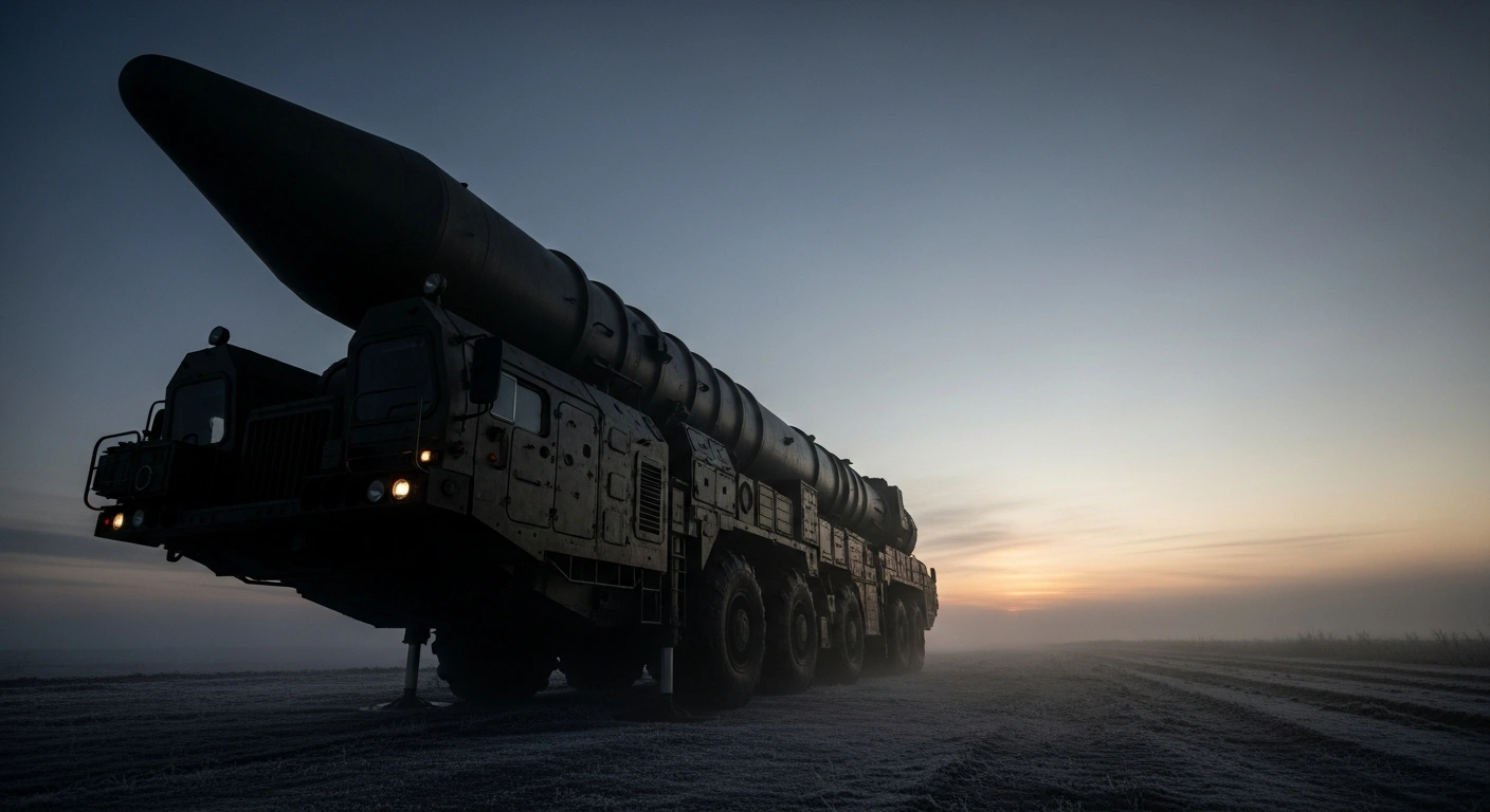 A large, dark Oreshnik intermediate-range ballistic missile launcher, part of Russia's nuclear-capable hypersonic missile systems, stands on a desolate plain under a pre-dawn sky, symbolizing its deployment in Belarus and escalating regional tensions.