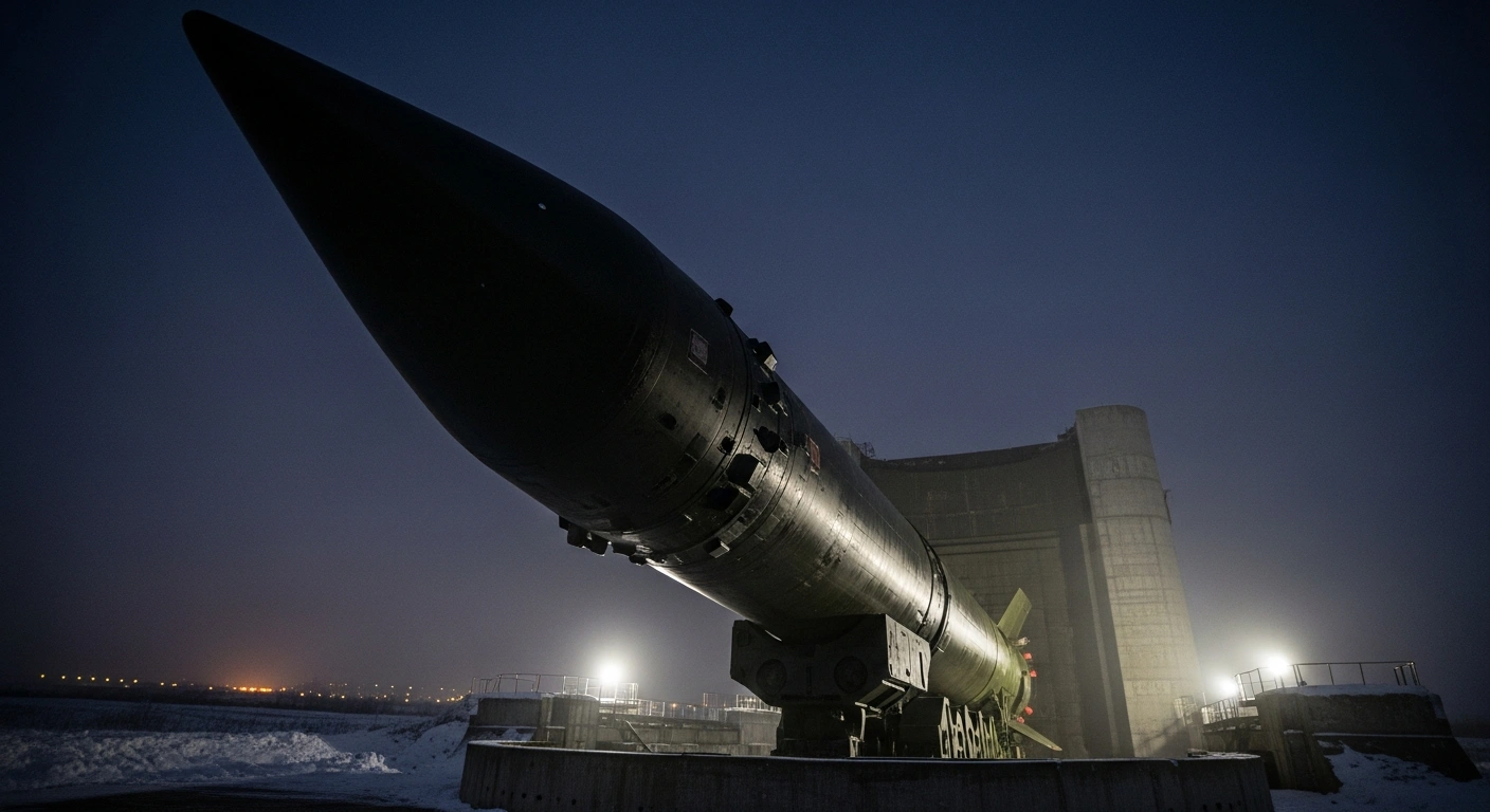 A nuclear-capable Russian Oreshnik intermediate-range ballistic missile, capable of hypersonic speeds and carrying multiple warheads, stands vertically within a fortified concrete silo under cold moonlight, representing its recent deployment in Belarus.