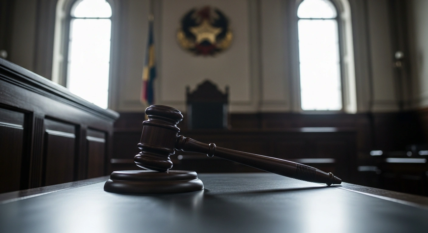 A solemn image of a judge's gavel resting on a dark, polished wooden bench in an ornate, empty courtroom, with a faded political party emblem subtly visible in the background, symbolizing the dissolution of Russia's Party of Growth by the Supreme Court due to failure in regional representation.