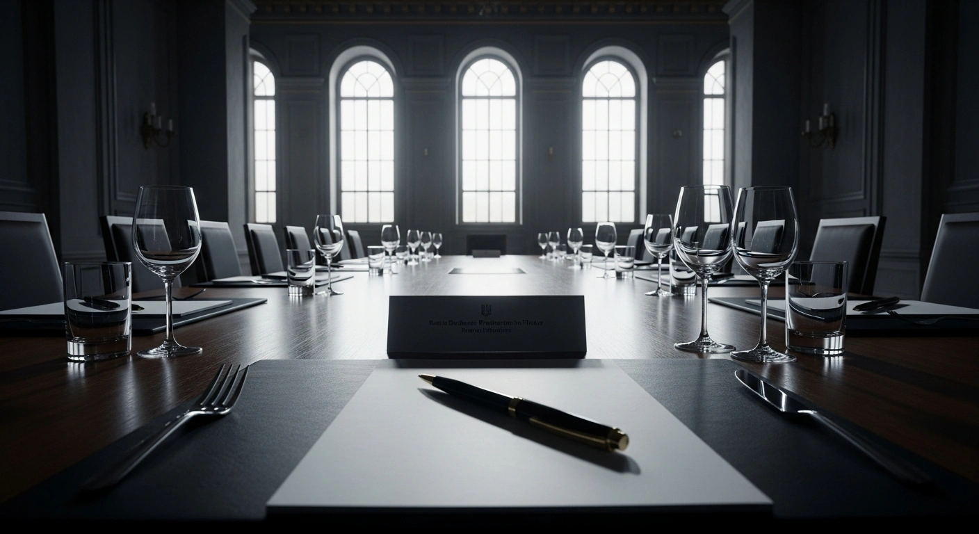 A large, empty, ornate conference table in a grand hall, illuminated by cold moonlight, symbolizing the stalled peace negotiations between Russia and Kyiv after the Kremlin announced Russia would not attend talks in Istanbul.