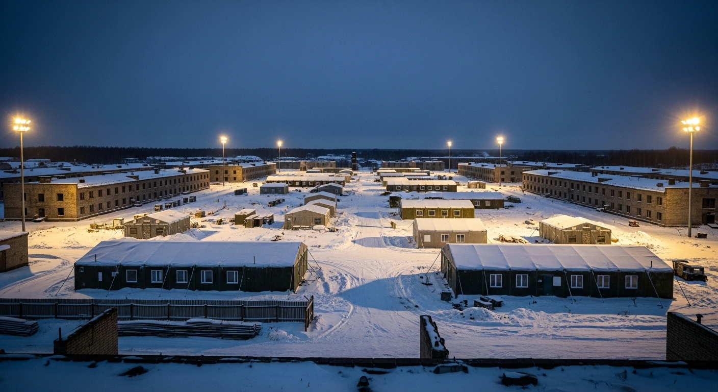 A wide-angle, pre-dawn image shows a snow-covered, reactivated Russian military garrison in Petrozavodsk, Republic of Karelia, with industrial floodlights illuminating decaying barracks and new temporary structures, indicating military infrastructure expansion for the 44th Army Corps near the Finnish border after Finland's NATO accession.