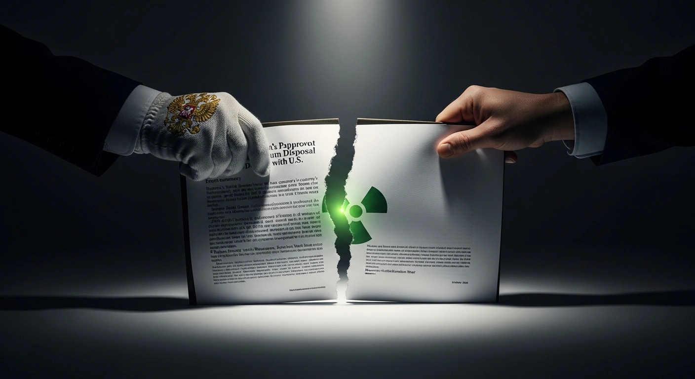 Two gloved hands, one with Russian insignia and the other American, are tearing a glowing, official-looking document in half, symbolizing Russia's withdrawal from the Plutonium Management and Disposition Agreement (PMDA) with the United States.