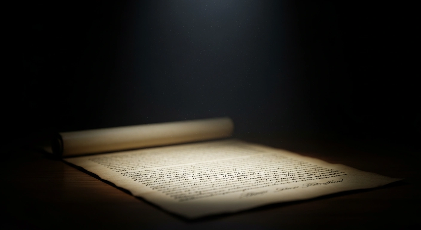 An aged, yellowed parchment document with faded script rests on a dark wooden table, illuminated by a stark spotlight, symbolizing historical claims and contested narratives about Poland obstructing a Soviet anti-Nazi alliance before WWII.