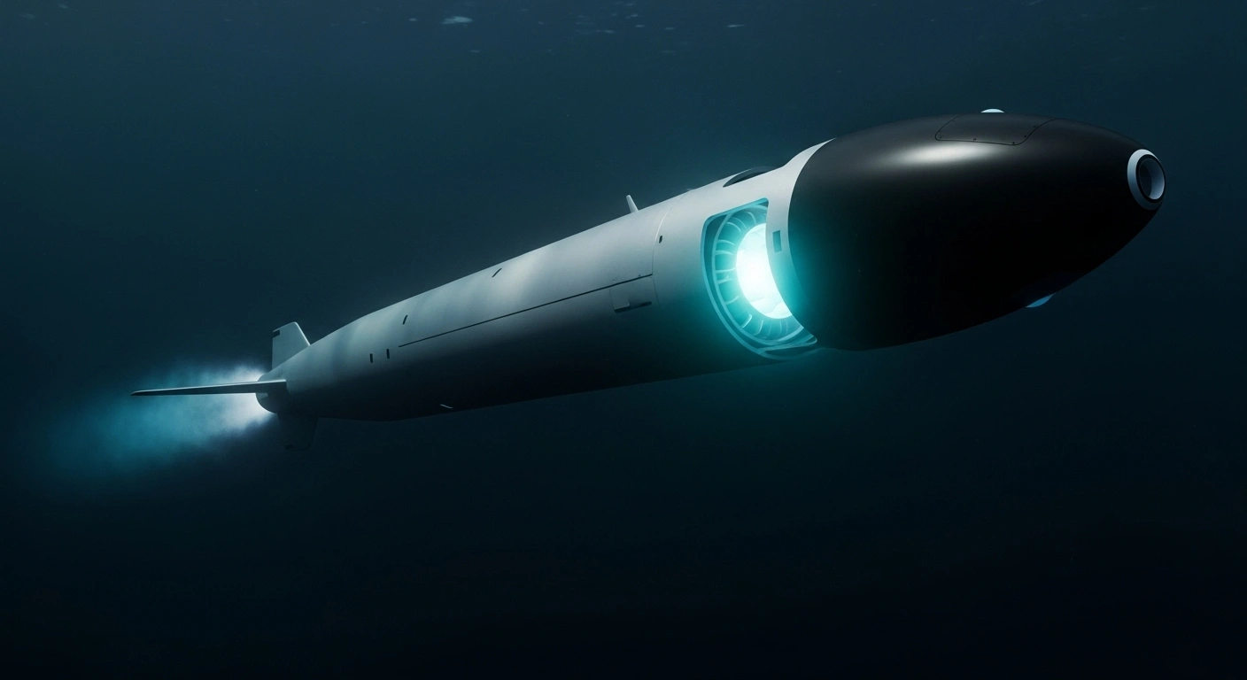 A sleek, futuristic Russian Poseidon nuclear-powered underwater drone, emitting a faint blue-green glow from its reactor core, glides with immense power through the dark, abyssal depths of the ocean.