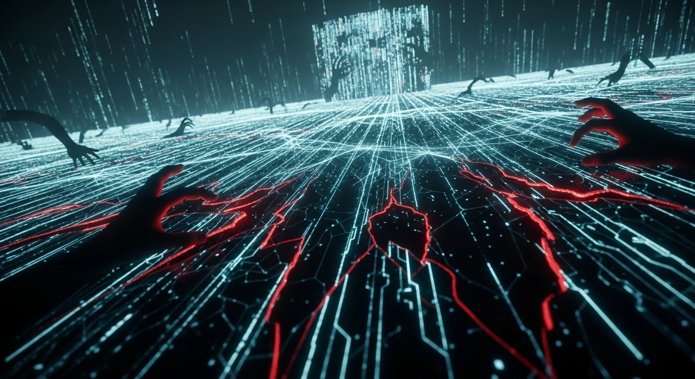 A complex, glowing network of blue and green data streams, representing Russia's illicit 'probiv' market, shows dark silhouettes manipulating and tearing at its edges, creating red fissures that symbolize security breaches, while a distant digital firewall attempts to rise, depicting the Kremlin's struggle to control the exploited ecosystem.