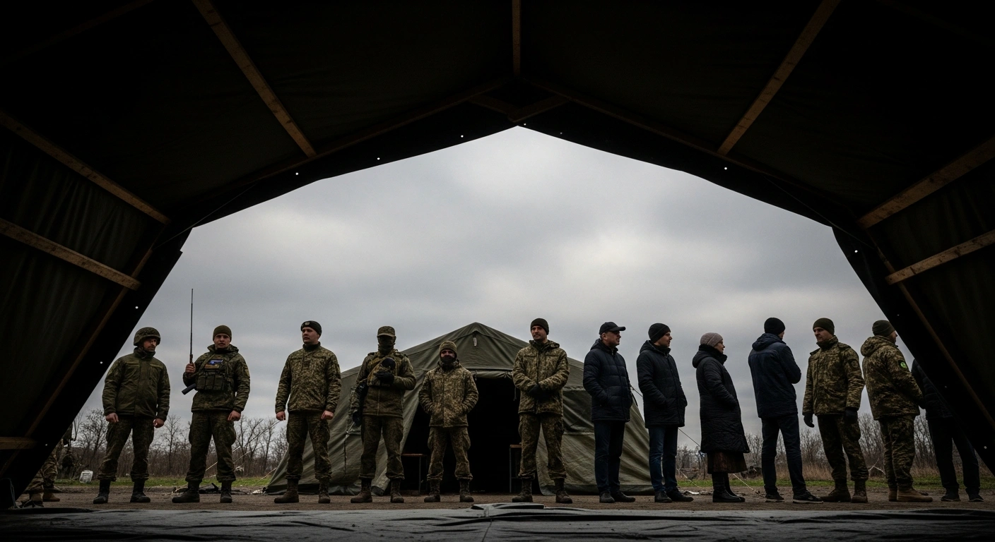 A low-angle photograph captures a line of silhouetted figures, including military personnel and weary civilians, queuing outside a makeshift recruitment tent in a war-torn, occupied Ukrainian town, illustrating Russia's recruitment efforts in occupied territories.