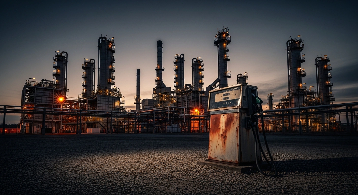 An empty fuel pump stands in front of a dormant oil refinery in Russia following drone strikes that disrupted fuel production.