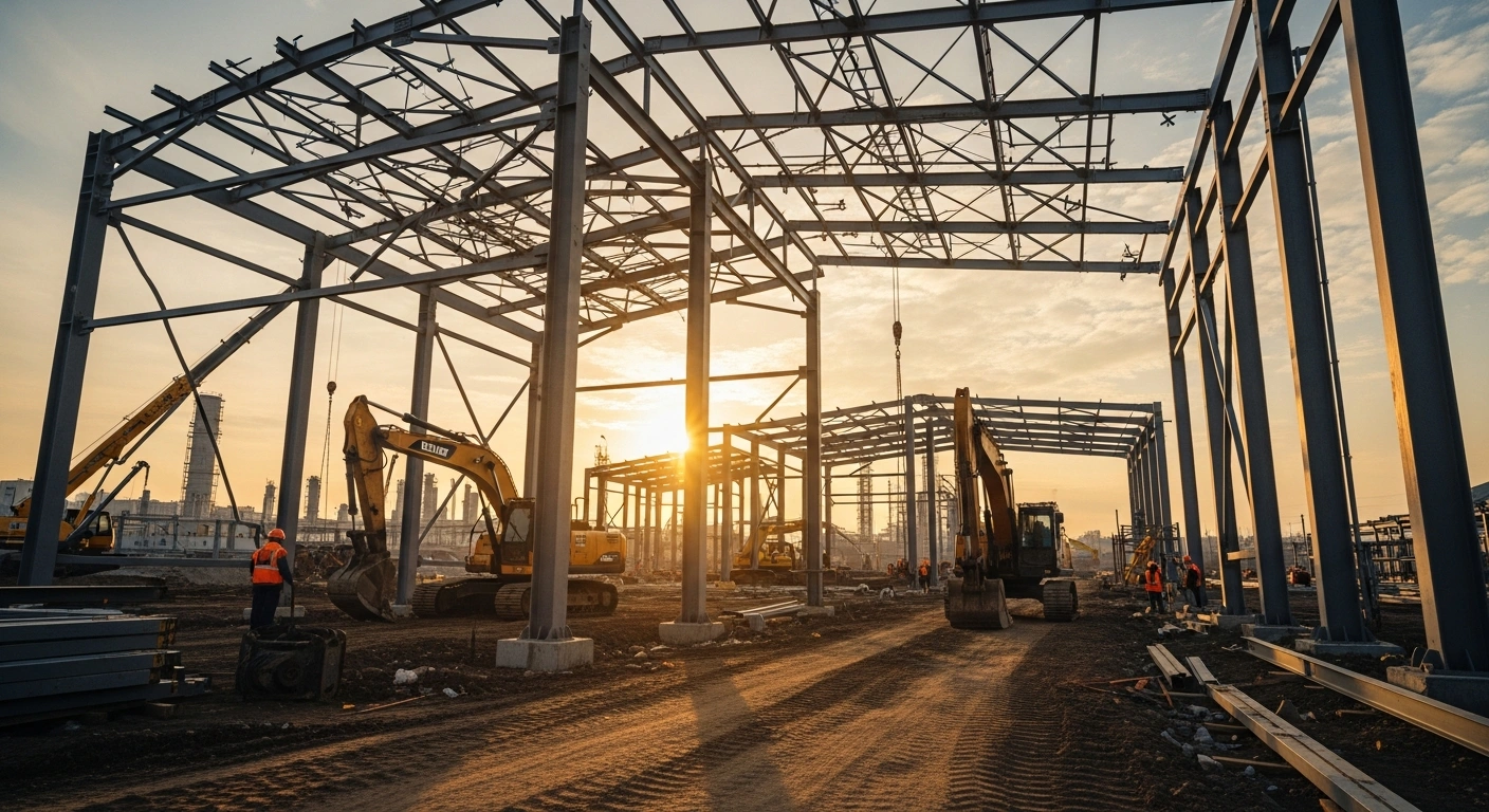 A construction site for a new industrial facility in Russia represents the government's initiative to cancel regional debt and stimulate economic development.