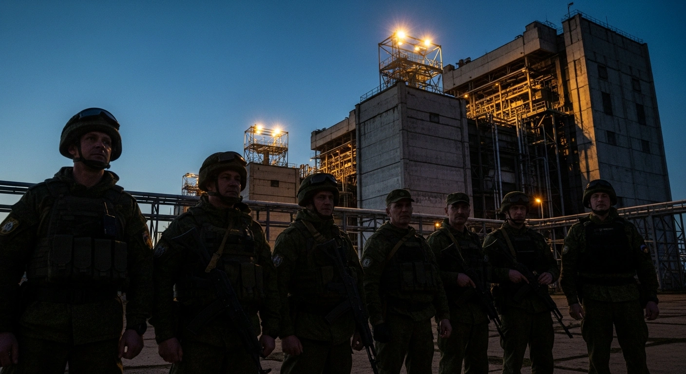 A group of seasoned military reservists stands vigilant at dawn, silhouetted against the imposing architecture of a critical infrastructure facility, illuminated by industrial floodlights, reflecting Russia's call-up to protect against drone attacks.