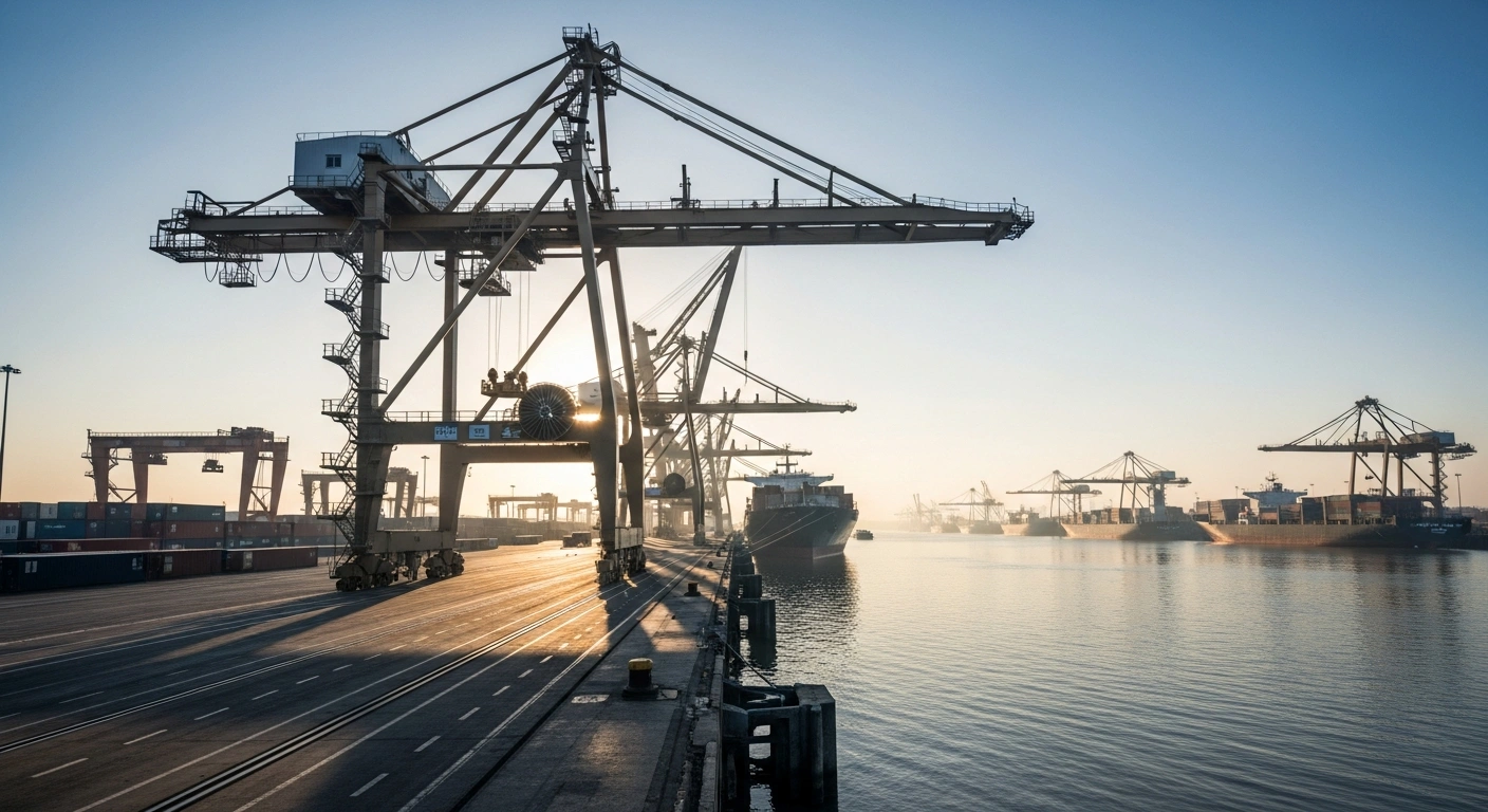 A large, modern multimodal river port, part of Russia's expanded Kulibin Special Economic Zone in the Nizhny Novgorod Region, is depicted at dawn with towering gantry cranes and cargo ships, symbolizing increased freight volumes and access to international markets via the Caspian and Black Seas.