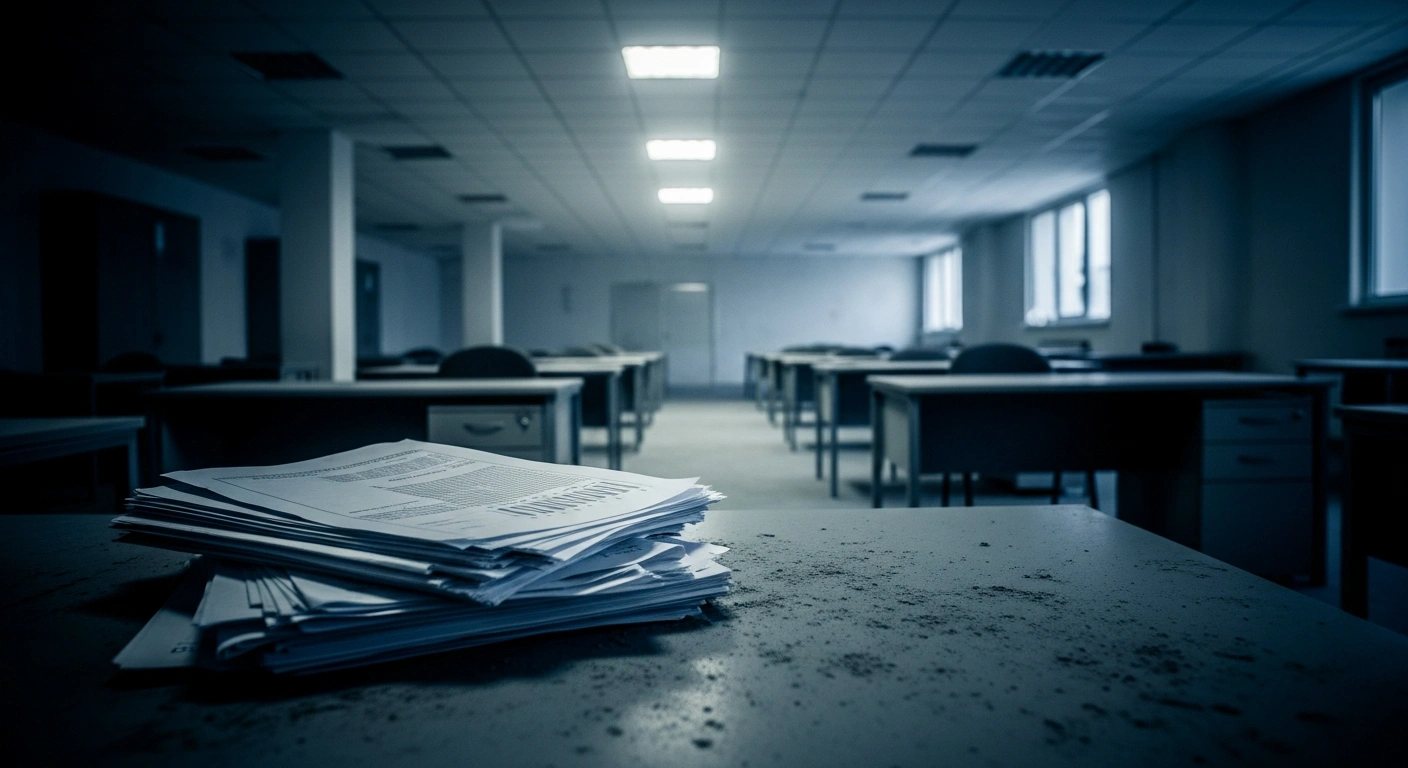 An empty, dimly lit office in Russia represents the impact of reduced state funding for small and medium-sized enterprises in 2025.
