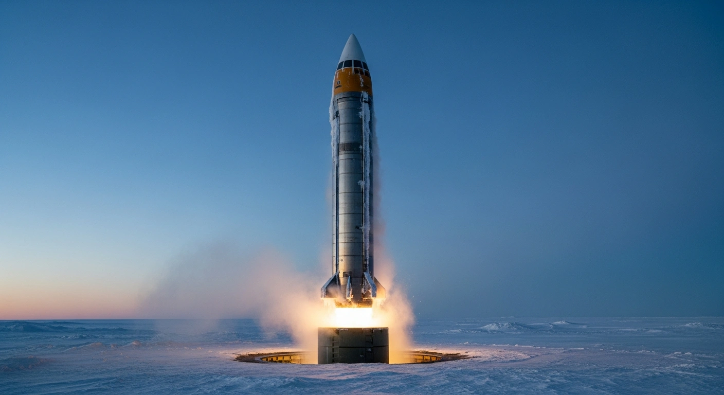 A sleek, nuclear-powered cruise missile emerges from a subterranean silo in a desolate arctic landscape under twilight, symbolizing Russia's advanced weapons pushing global strategic stability to the brink.