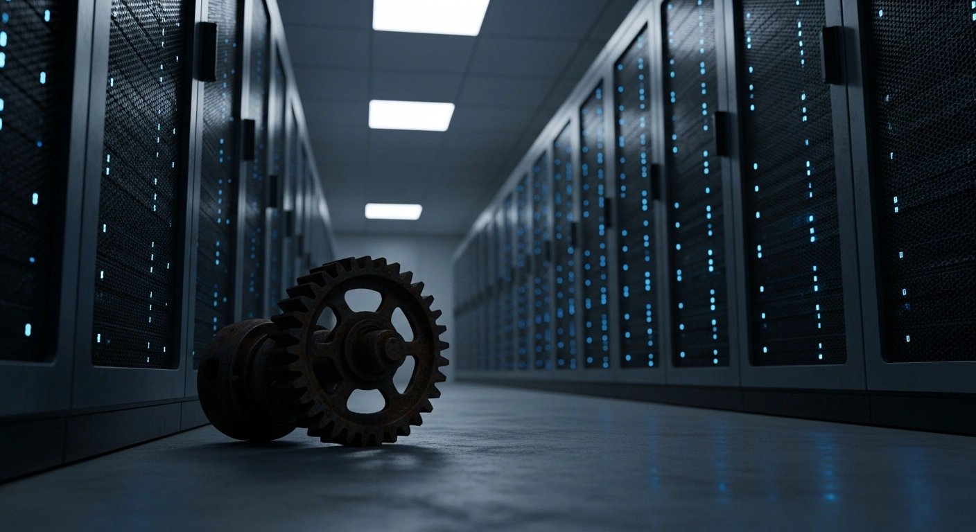 A dark, abandoned server room with fading lights represents the Russian Federation cutting funding for national technology and digital economy projects due to military spending.