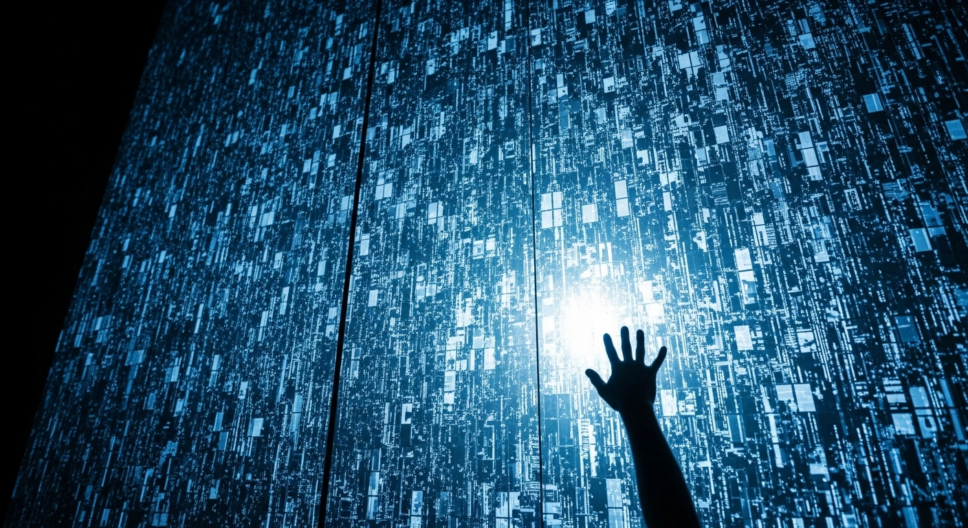 A photorealistic image depicts a towering digital wall, composed of fragmented data streams and illuminated by harsh blue light, with a silhouetted hand reaching towards its impenetrable surface, symbolizing Russia's Roskomnadzor throttling access to Telegram and the Kremlin's efforts to control the national information space.