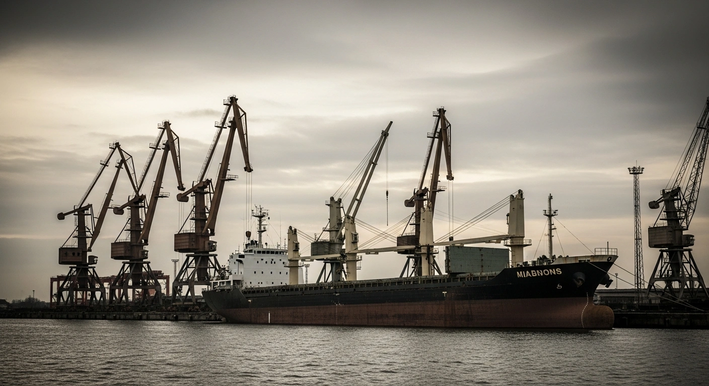 A wide, low-angle shot of a dimly lit, inactive industrial port at dusk, featuring rusting cranes and an empty cargo ship, visually representing Russia's declining goods trade surplus due to reduced mineral product exports and broader economic challenges.