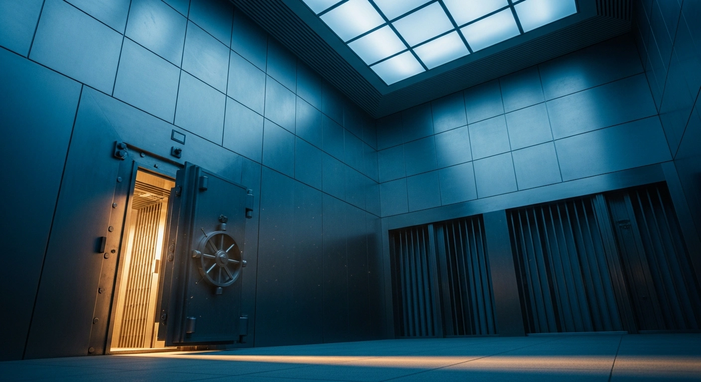 A modern bank vault door stands slightly ajar in a dimly lit room, representing the Russian government's recent adjustments to the Type C account regime and foreign deposit restrictions.