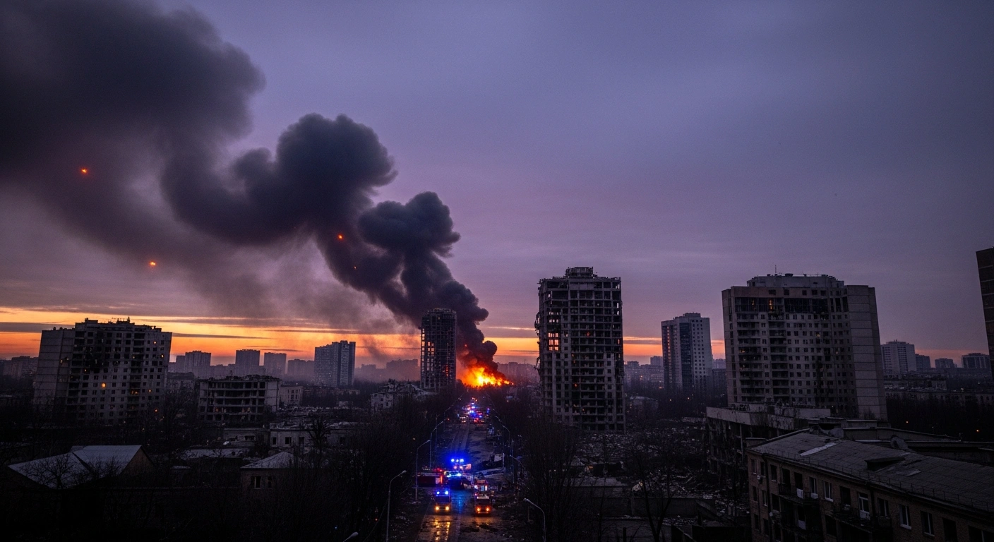A wide, low-angle view of a devastated Kyiv skyline at dawn, with thick smoke rising from damaged infrastructure after a significant Russian aerial assault involving ballistic missiles and drones, indicating the severe impact and casualties in Ukraine.