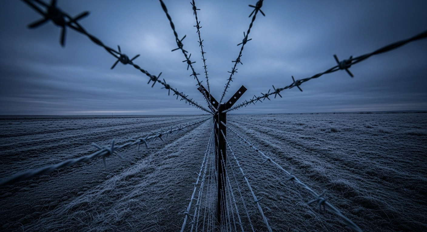 A desolate, snow-dusted border landscape features a long barbed-wire fence stretching across the horizon, representing the proposed Russian buffer zone near the Ukrainian border.