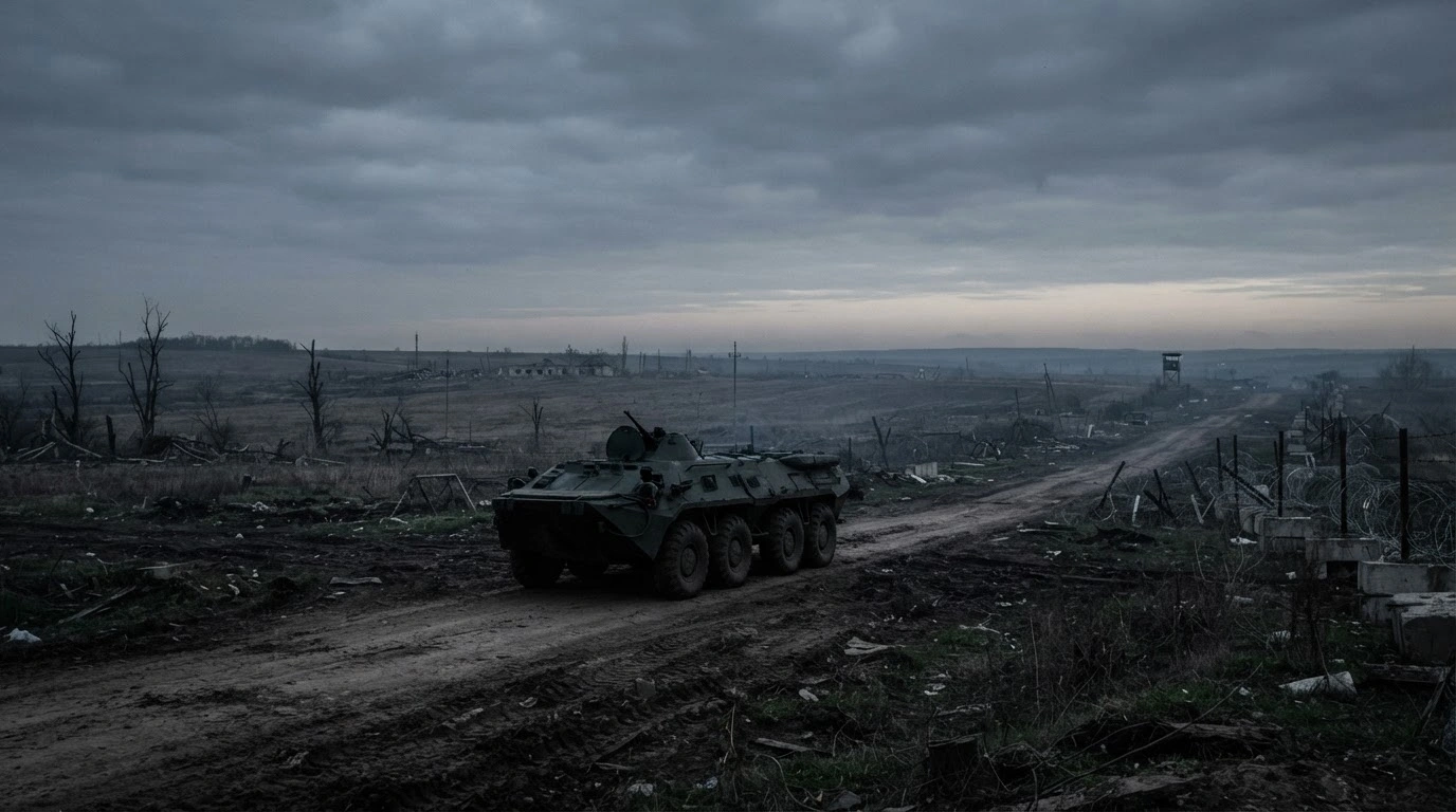 A heavy military vehicle patrols a desolate border zone between Russia and Ukraine under a cloudy sky.