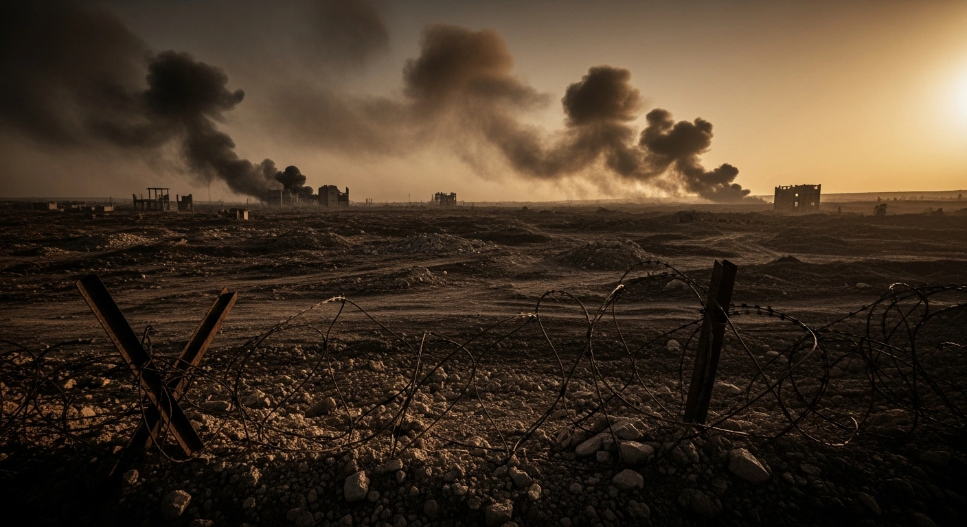 Smoke rises from ruined buildings in a war-torn landscape as Russia and Ukraine continue military strikes during a failed ceasefire.