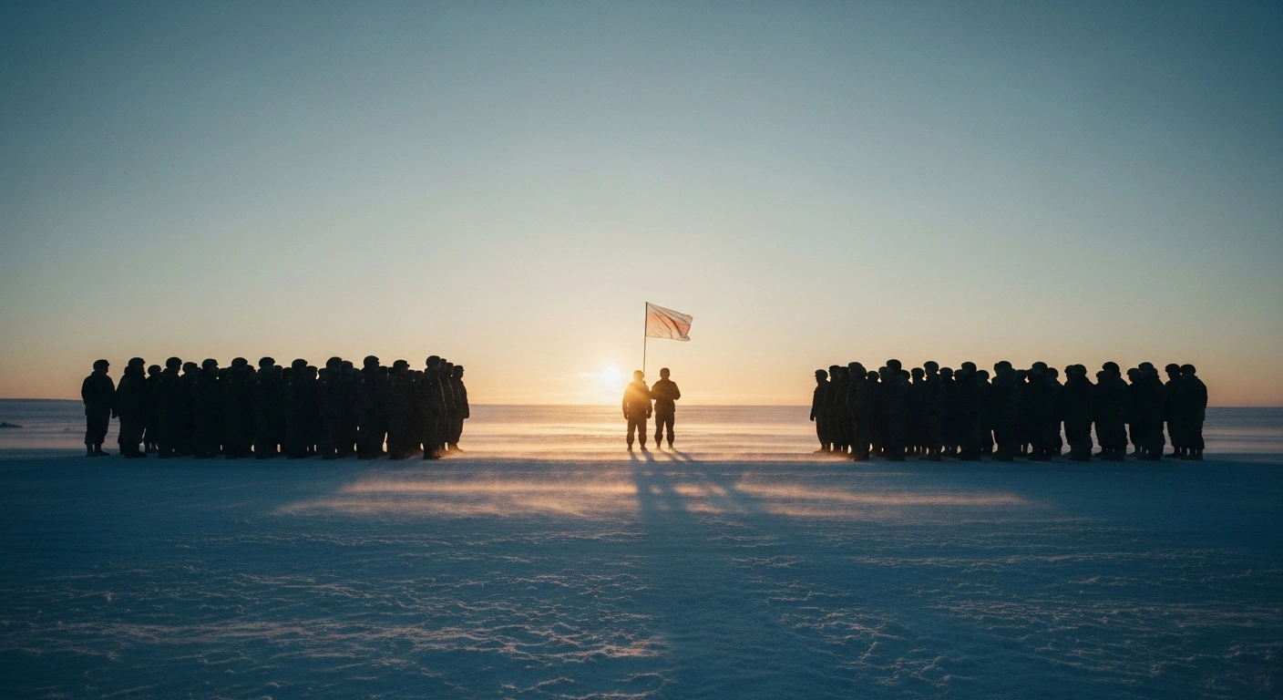 Russian and Ukrainian soldiers stand on opposite sides of a border crossing during a three-day ceasefire and prisoner exchange.