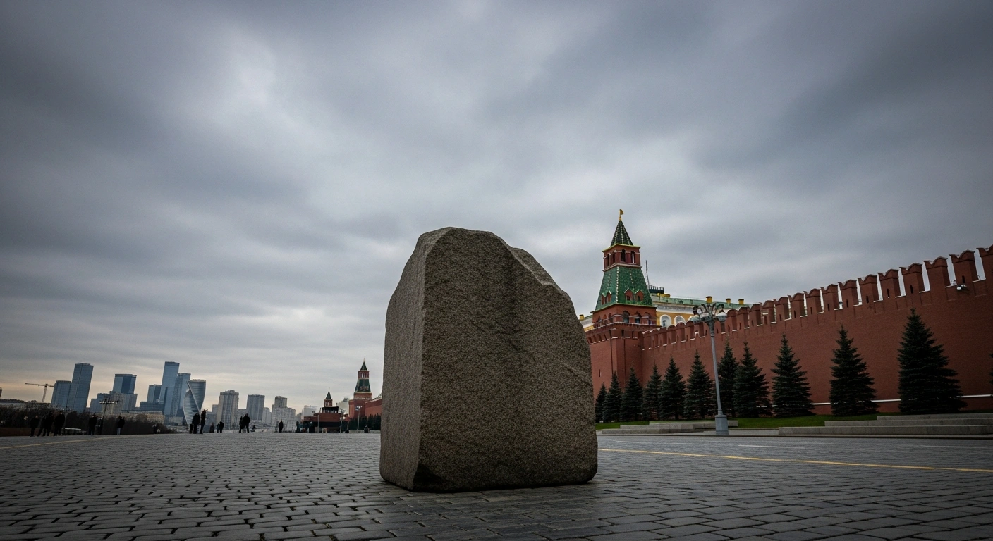 A wide, low-angle shot shows the imposing, ancient walls of the Kremlin under an overcast sky, with a massive, unyielding stone monolith in the foreground symbolizing Russia's steadfast demands for ending the conflict in Ukraine, while a distant, blurred modern city skyline represents the rejection of these demands by Kyiv and its Western allies.