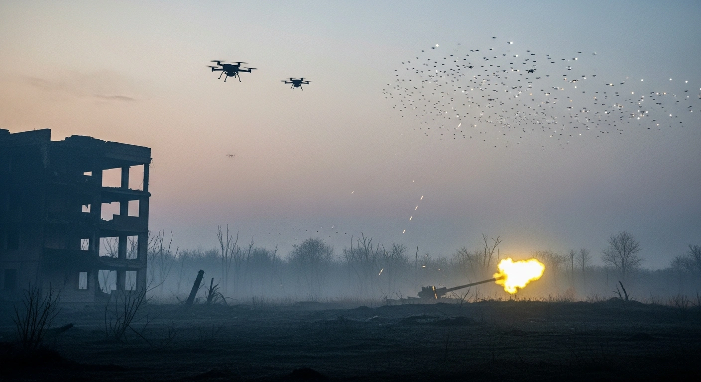 A wide, low-angle photograph captures a desolate, war-torn Ukrainian landscape at dawn, featuring the skeletal remains of a building in the foreground, a swarm of dark drones flying overhead, and a distant artillery muzzle flash illuminating a scarred tree line, with subtle atmospheric haze suggesting electronic warfare, illustrating Russia's adapted military tactics.
