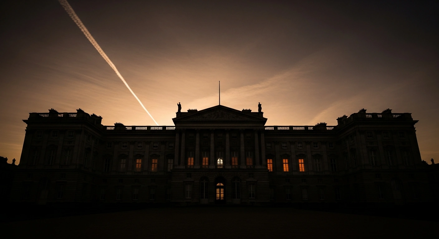 A grand, imposing palace stands silhouetted against a dramatic twilight sky with a faint contrail in the distance, depicting the alleged drone attack on President Putin's residence in Novgorod.