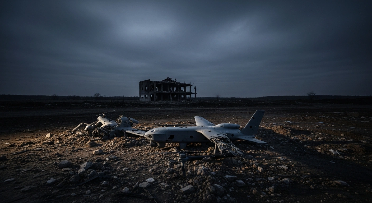 A desolate, war-torn landscape at twilight, featuring the wreckage of a downed drone in the foreground, symbolizing the recent conflict where Russian forces claimed to have shot down Ukrainian drones and seized settlements in Zaporizhzhia and Kharkiv.