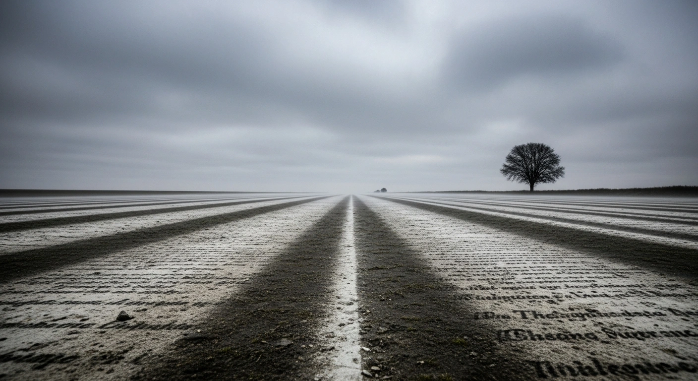 A desolate, windswept border landscape under an overcast sky, featuring a subtle, translucent historical demarcation overlaying the terrain, visually representing Russia's consistent demand for Ukraine's neutrality, a position articulated by Sergey Lavrov referencing Ukraine's 1990 independence.