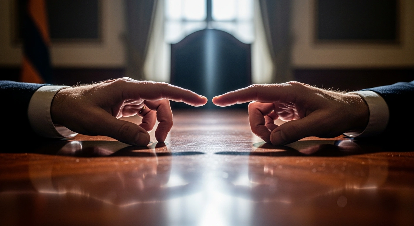 Two hands, one weathered and one younger, reach across a polished mahogany table, their fingertips almost touching but separated by a subtle, shimmering light, symbolizing the near completion of a peace agreement between Russia and Ukraine, with a final unresolved element.