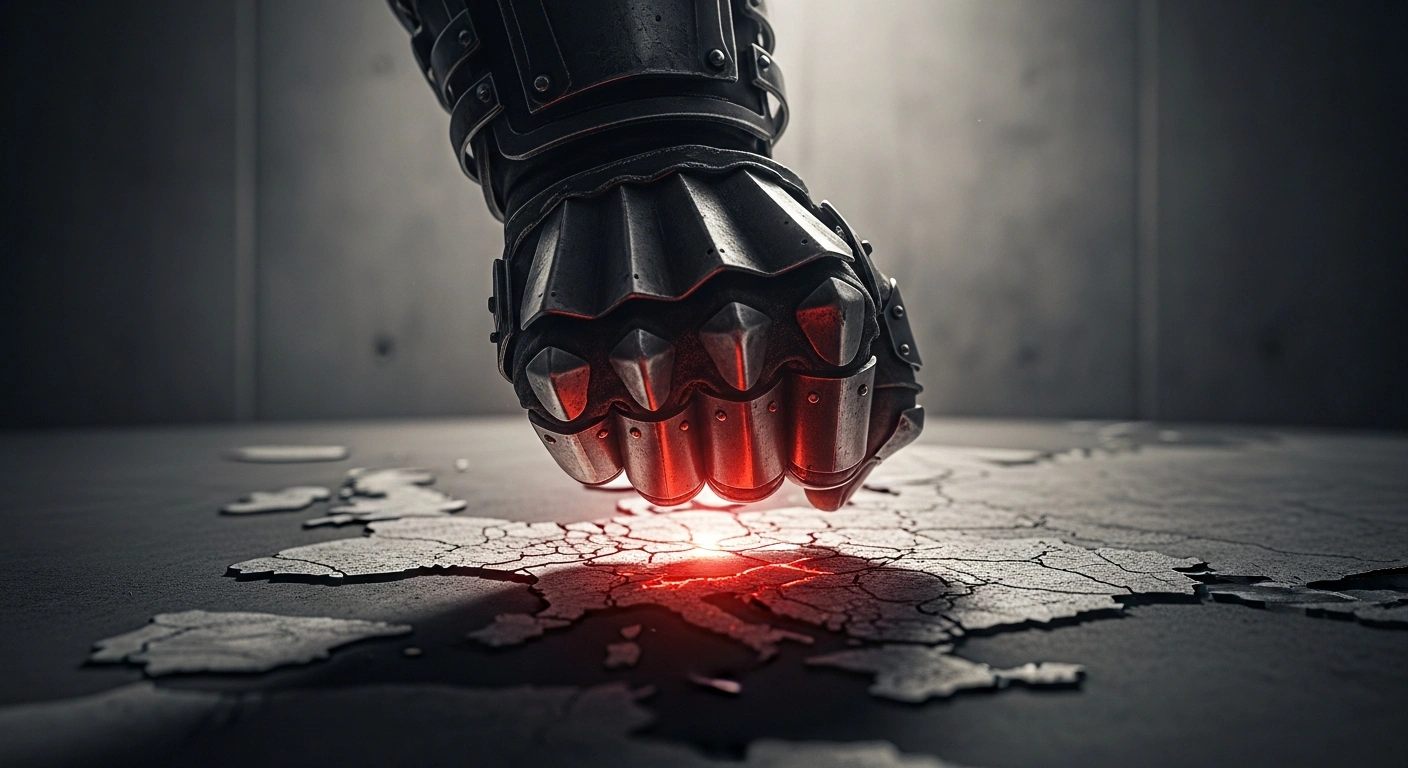A weathered, armored hand clenches a fist over a fractured map of Eastern Europe, specifically Ukraine, symbolizing Russia's denouncement of a proposed European peacekeeping deployment to Ukraine as an "axis of war" and warning that such forces would be "legitimate military targets."
