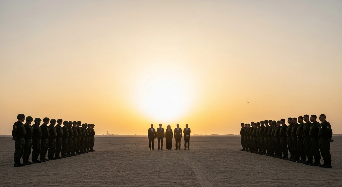 Two distinct groups of individuals, representing Russia and Ukraine, cautiously approach each other in a vast desert landscape at dawn, with a smaller mediating group, symbolizing the prisoner exchange of 314 individuals facilitated by the United States and the United Arab Emirates in Abu Dhabi.